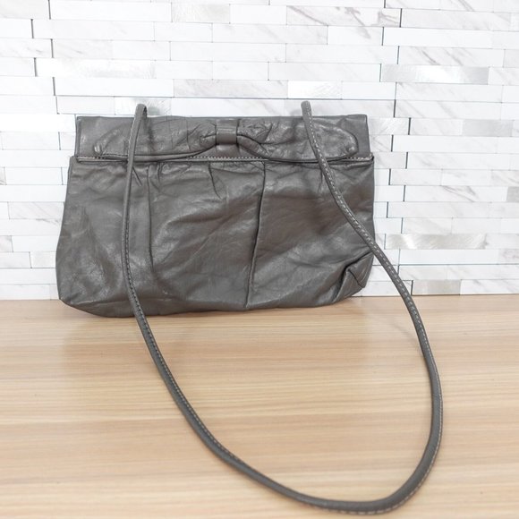 VINTAGE 90s Black Leather Crossbody Shoulder Bow Bag Evening Clutch Purse Medium - Picture 3 of 13